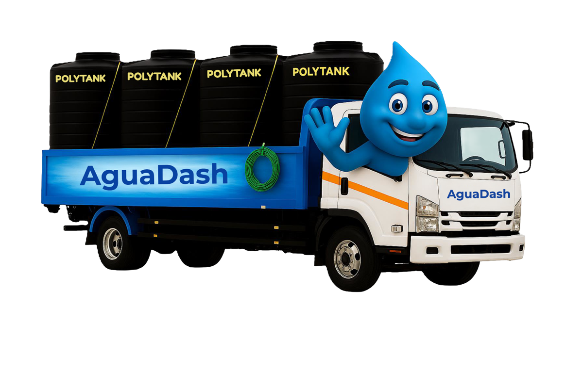 The AguaDash delivery truck loaded with four POLYTANK water tanks, alongside the AguaDash water-drop mascot