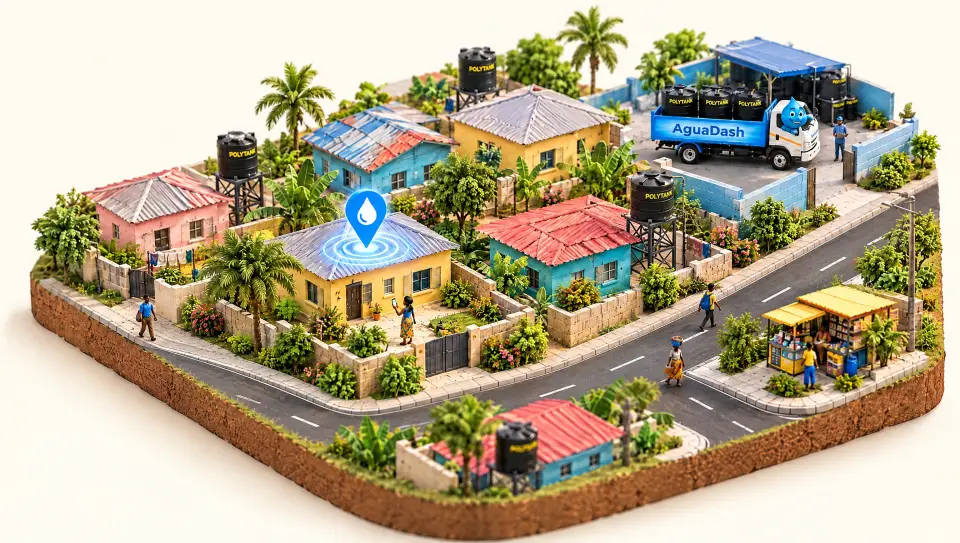 Miniature Accra neighbourhood with a location pin over a yellow house