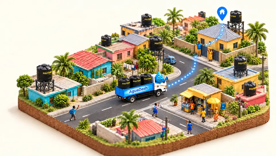 Miniature delivery truck moving along a street toward the house pin