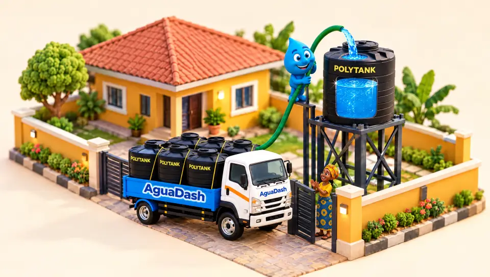 Miniature polytank standing full and bright beside the house